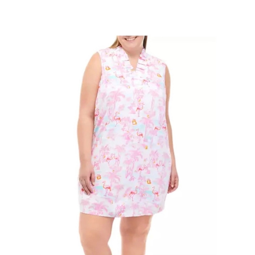 Crown & Ivy Womens 1X Pink Flamingo Tropical Ruffle Neck Sleeveless Shift Dress
